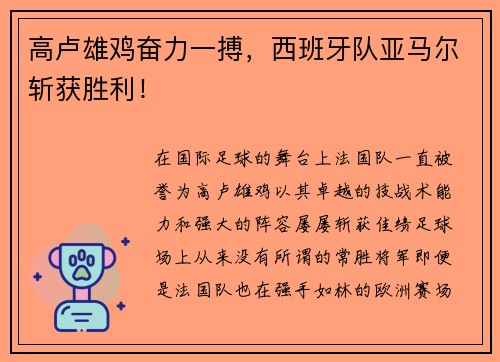 高卢雄鸡奋力一搏，西班牙队亚马尔斩获胜利！